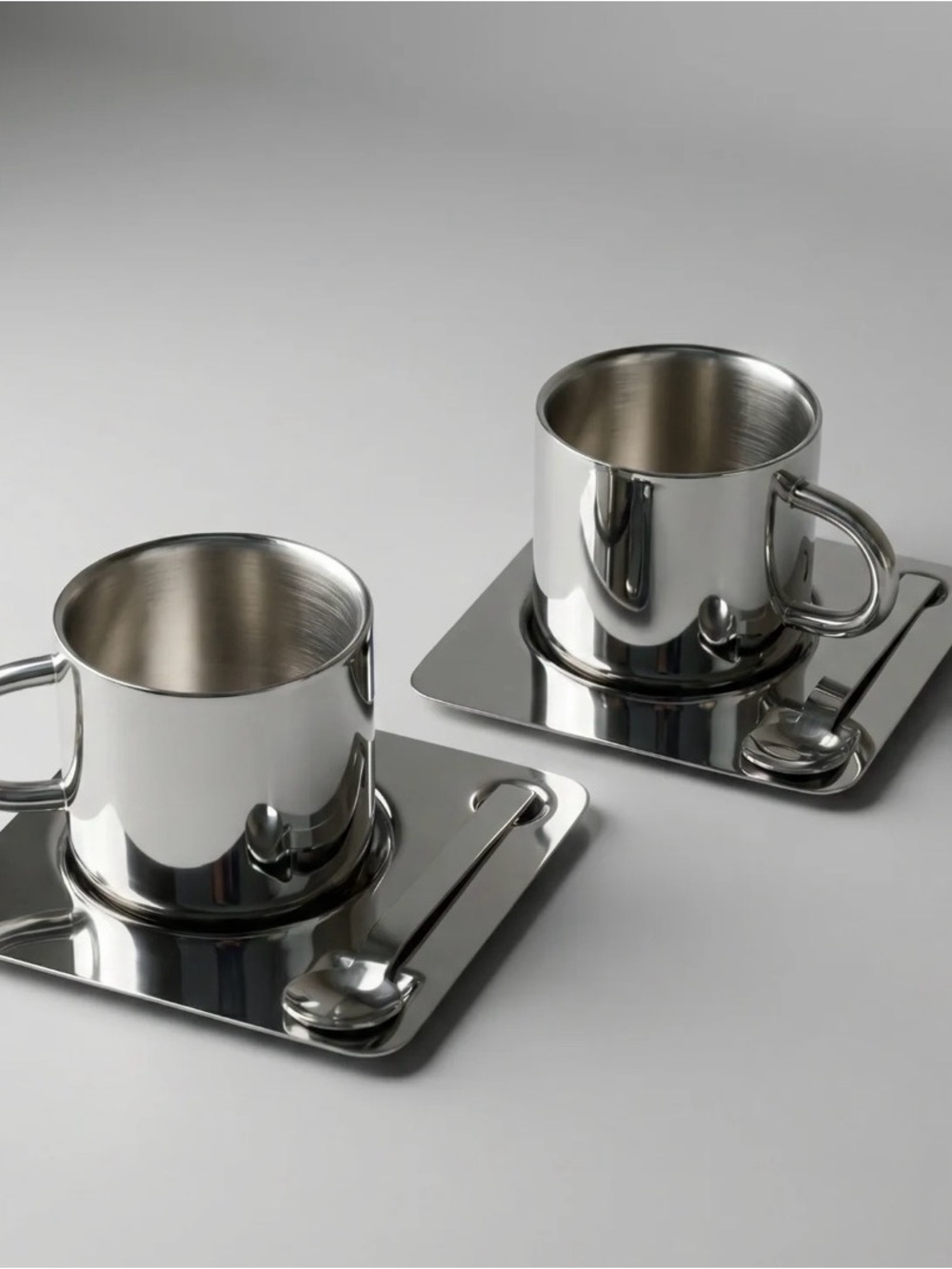 Love Ecru Venice Mirror Cup with Saucer and Spoon Stainless Steel set of 2 NEW